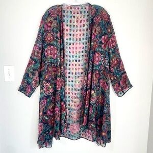 Sheer Floral Velvet Burnout Kimono Duster | Boho Open Front Layering Piece